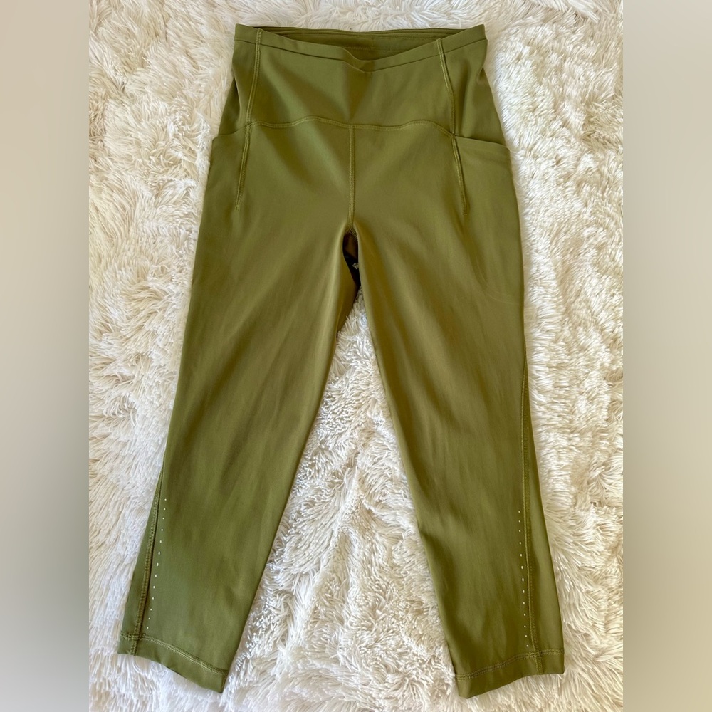LULULEMON Fast & Free High Rise Crop 23” Bronze Green Reflective Leggings Size 6
